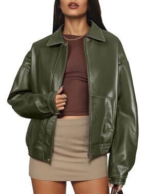 Women's Faux Motorcycle Coats Fashion Bomber Zip Up Leather Jacket Green